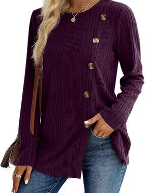 XIEERDUO Large Eggplant Purple Tunic Top Ribbed Knit Button Detail Side Slits